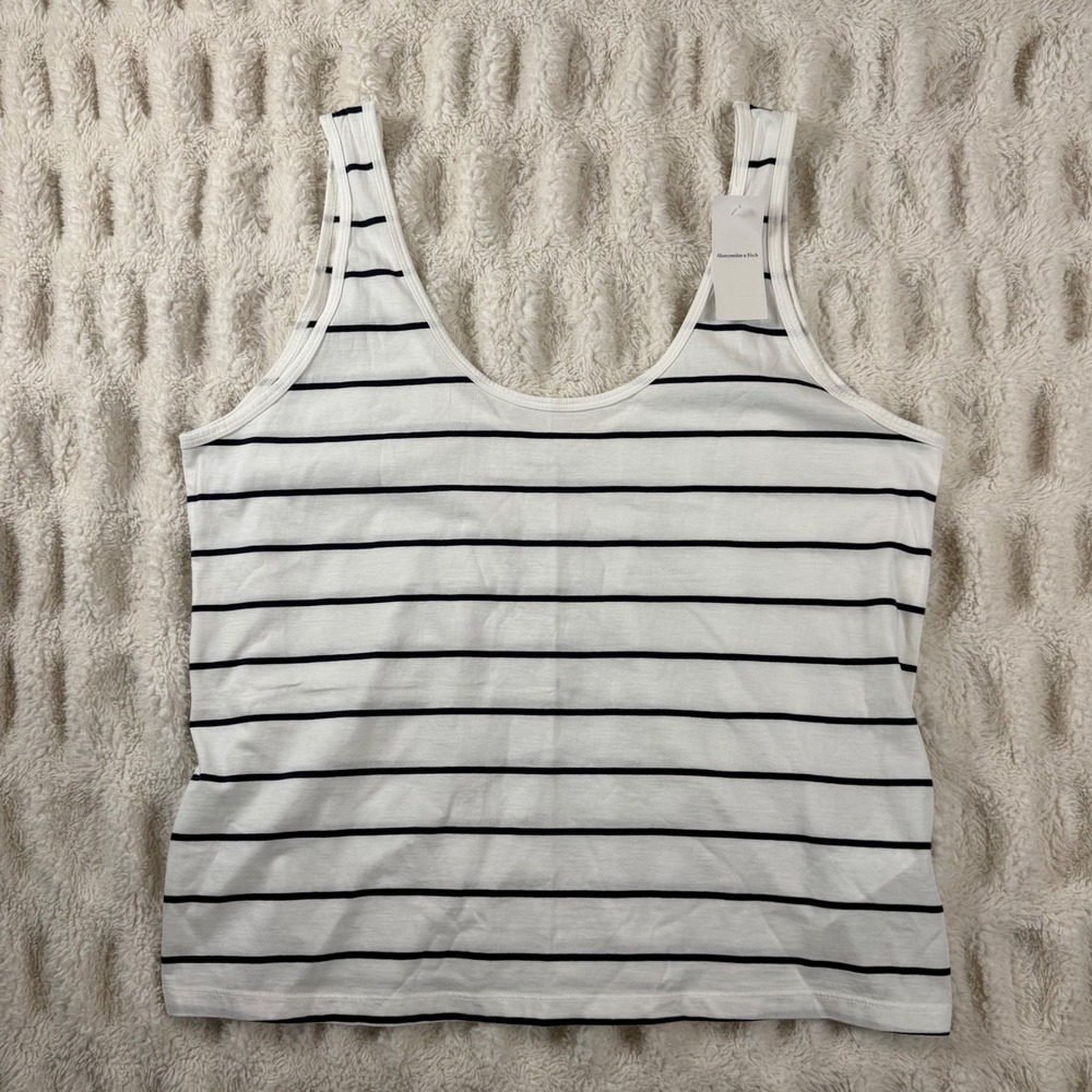 Abercrombie & Fitch A&F Essentials Striped Tank Top White Navy Blue Large NWT